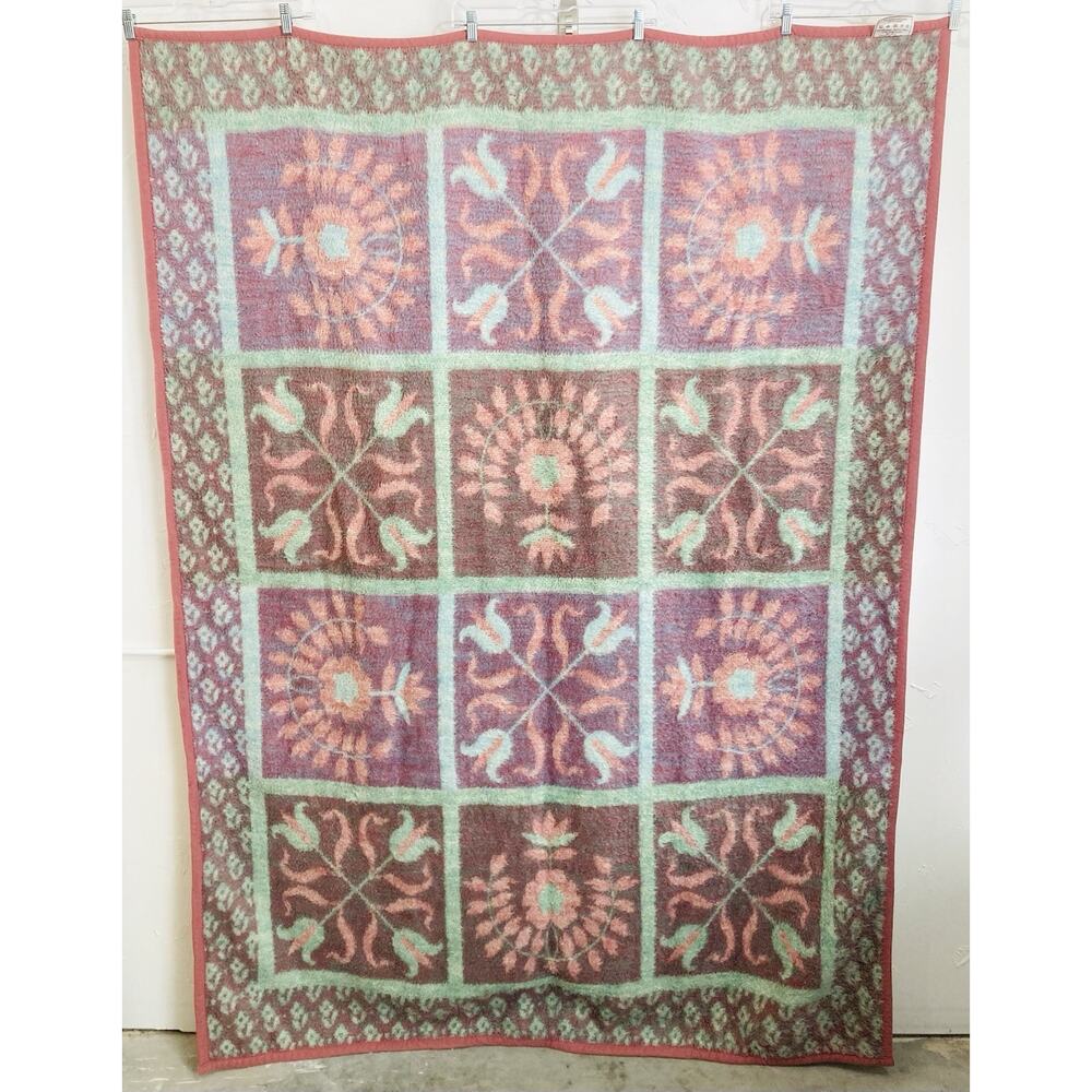 Vintage Biederlack Throw Blanket Pink Flower Blocks Teal Green Blue Reversible